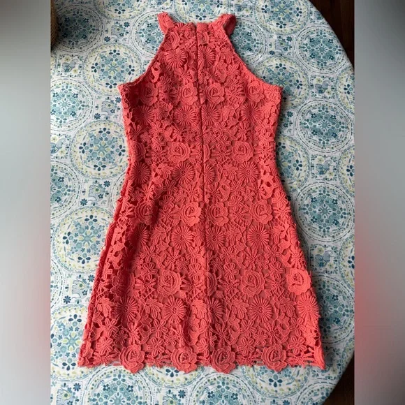 Lulus Love Poem Coral Orange / coral lace mini dress, medium - Picture 4 of 7